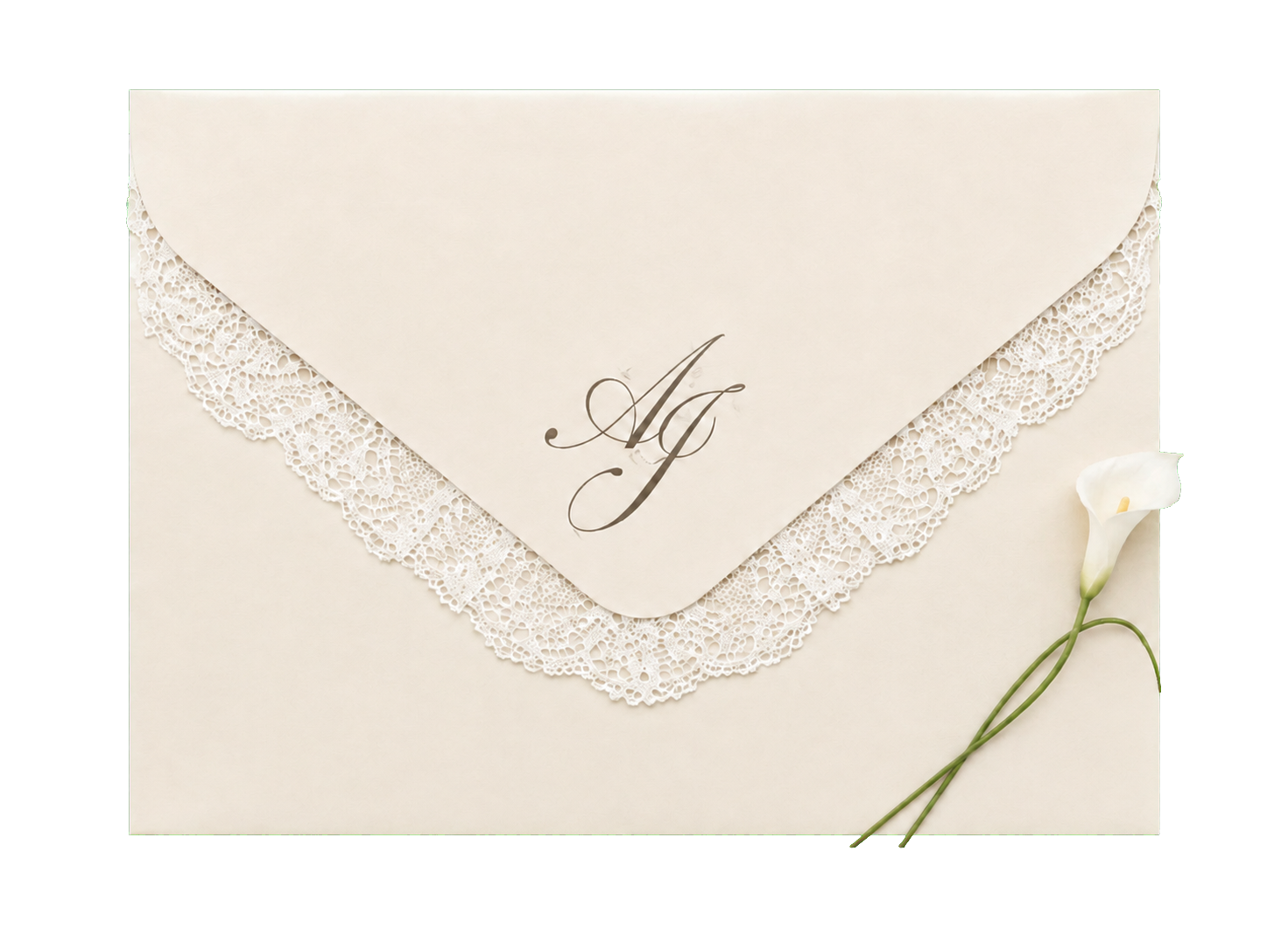 Sobre de boda cerrado con el monograma AJ