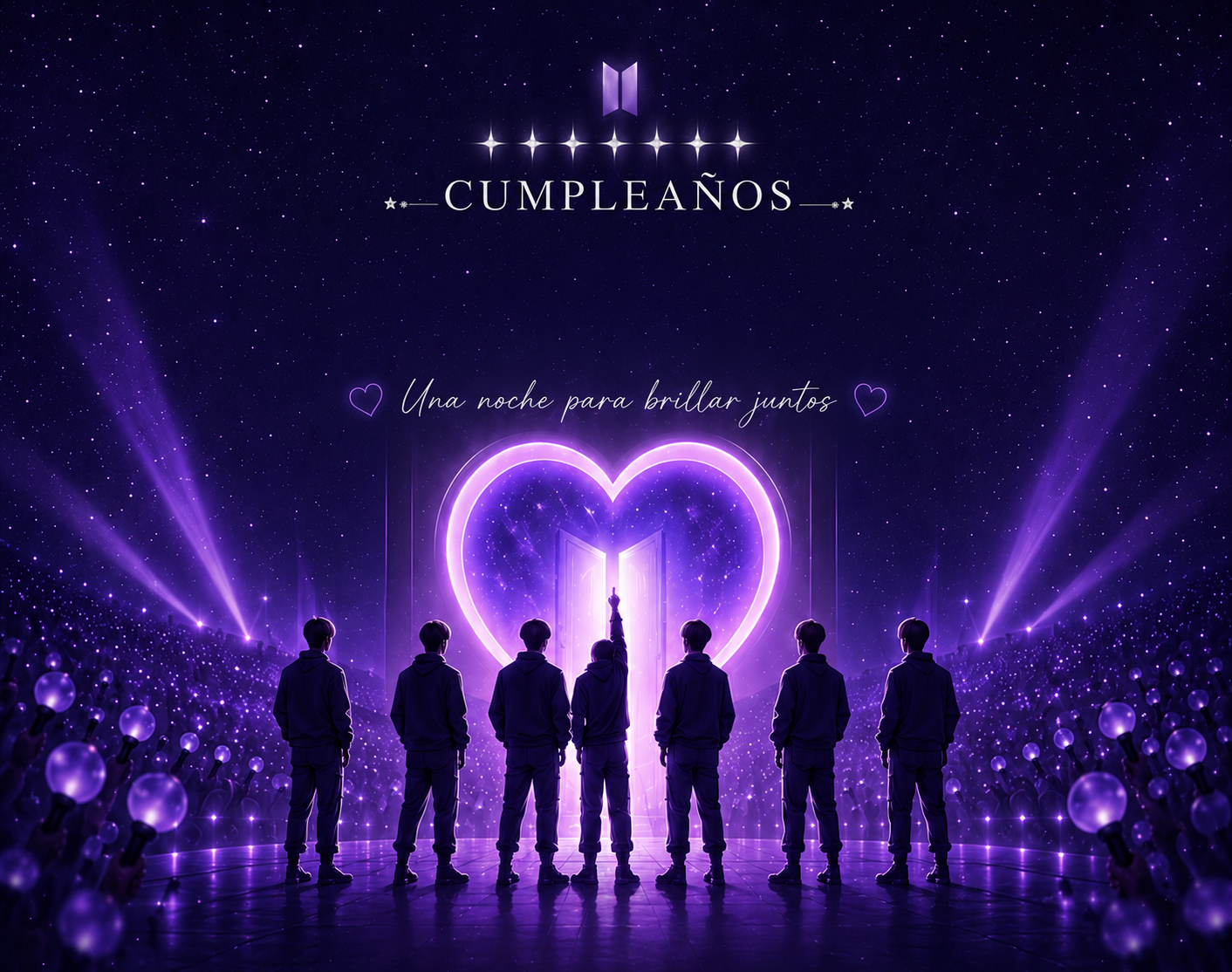 Siete personajes frente a un corazón luminoso en un concierto morado
