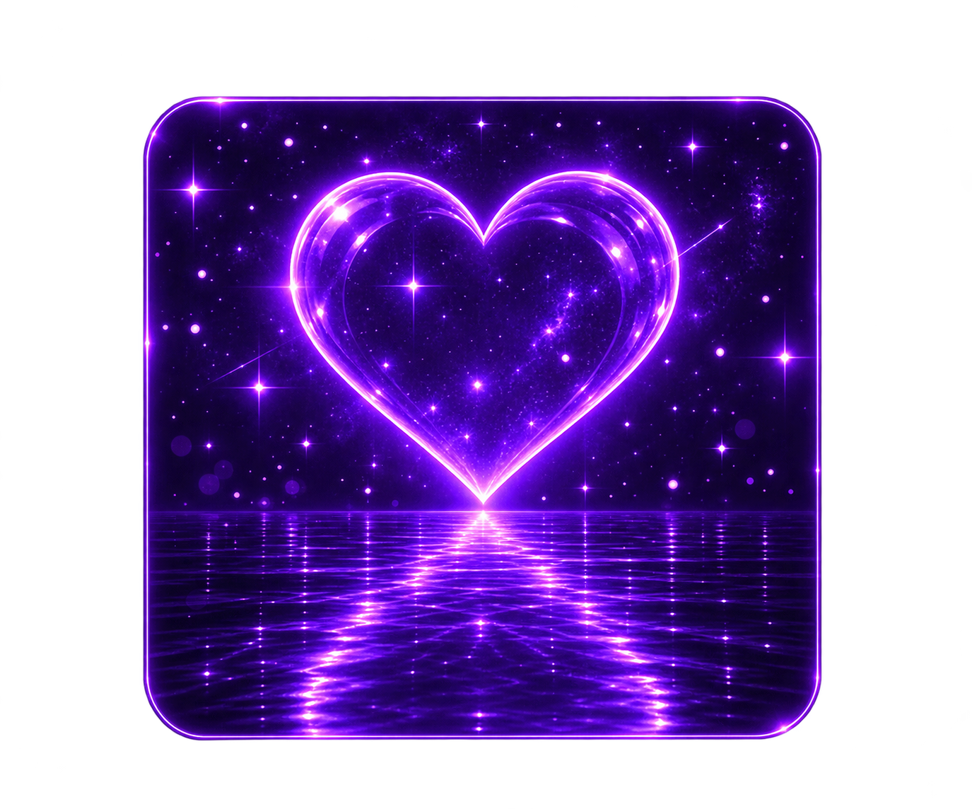 Corazón violeta de cristal sobre agua estrellada