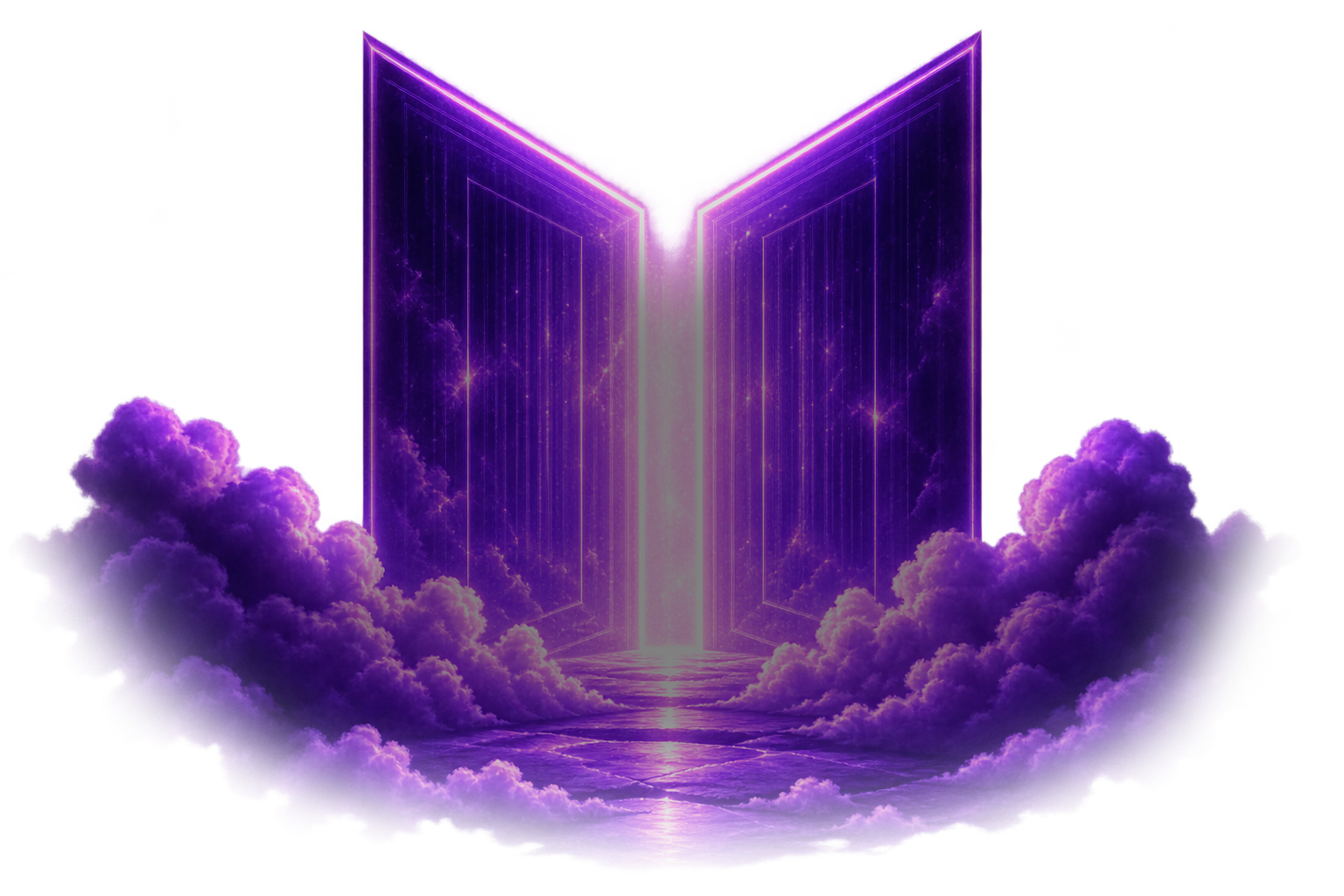 Puerta luminosa violeta entre nubes