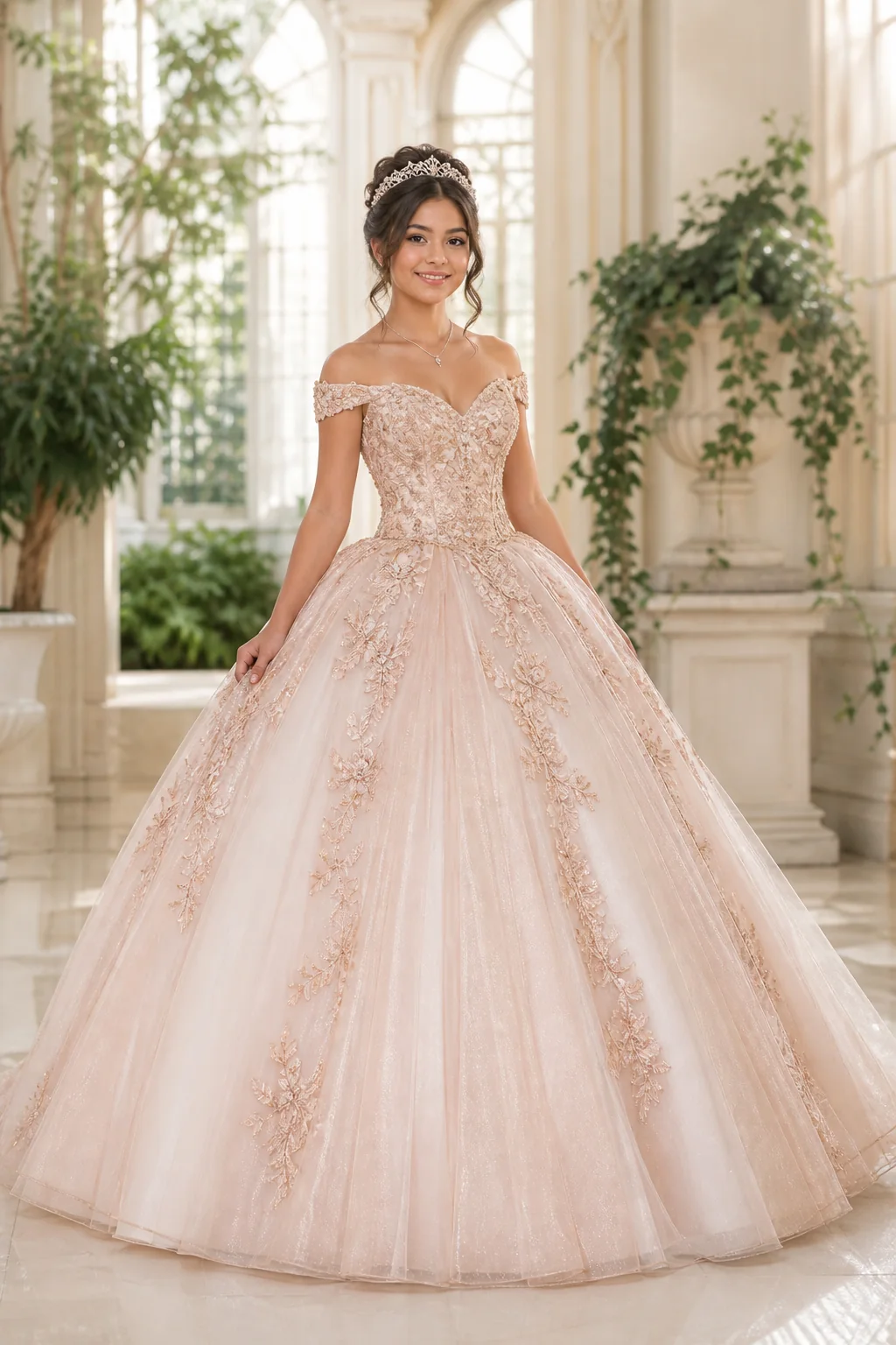 Quinceañera con elegante vestido color champagne
