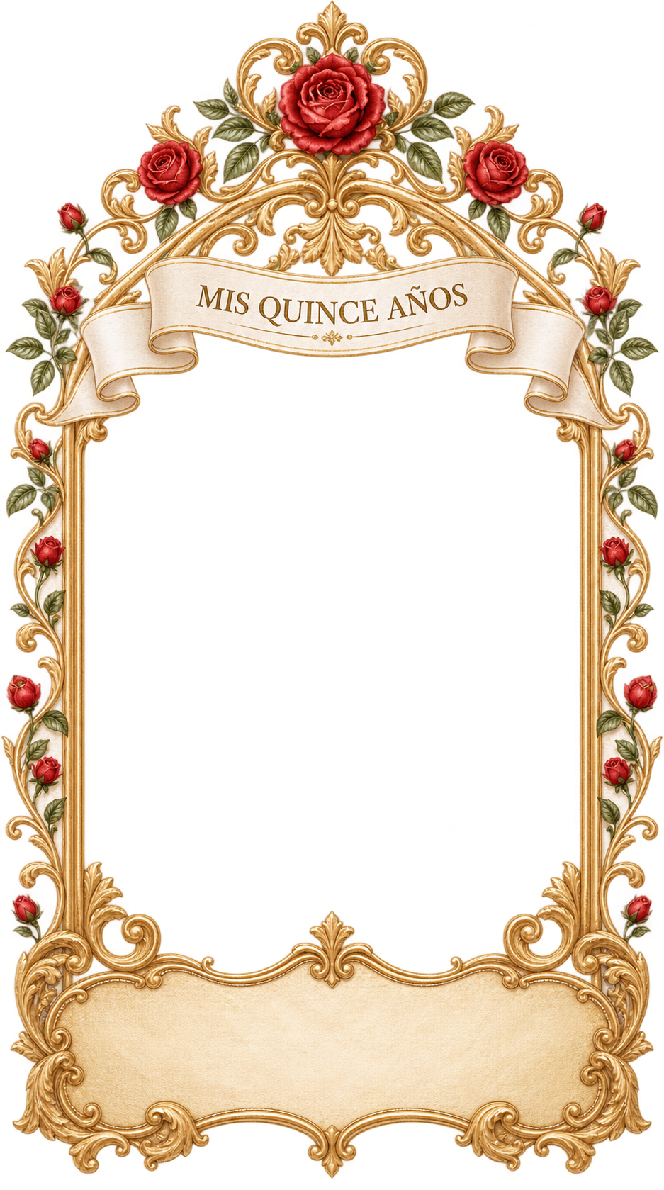 Marco dorado ornamentado con rosas rojas y el texto Mis quince años