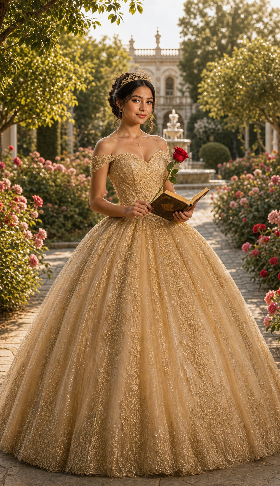 Fotografía de una quinceañera con vestido dorado en un jardín de rosas